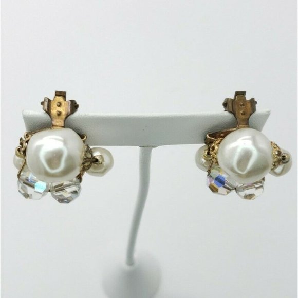 Earrings Clip On Faux Pearl AB Rhinestone Vintage - Picture 3 of 12